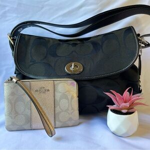 • COACH • DUFFLE LEATHER & CANVAS FLAP SHOULDER BAG and GOLD SPARKLE WRISTLET